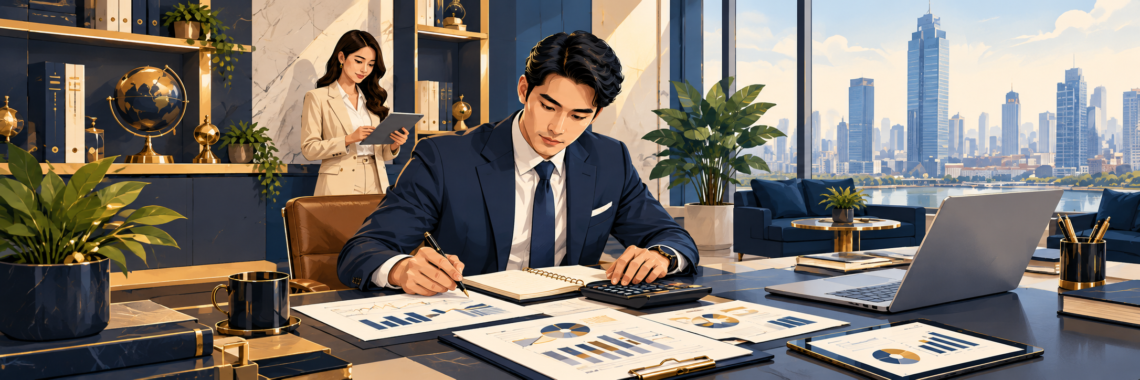 Financial manager reviewing business budgets and financial reports