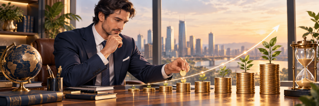 Investor illustrating compound growth with rising coin stacks and long-term investment returns