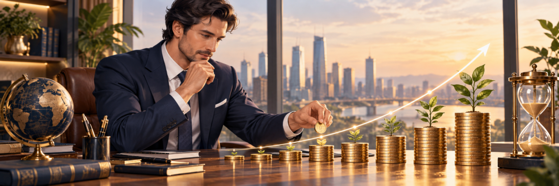 Investor illustrating compound growth with rising coin stacks and long-term investment returns