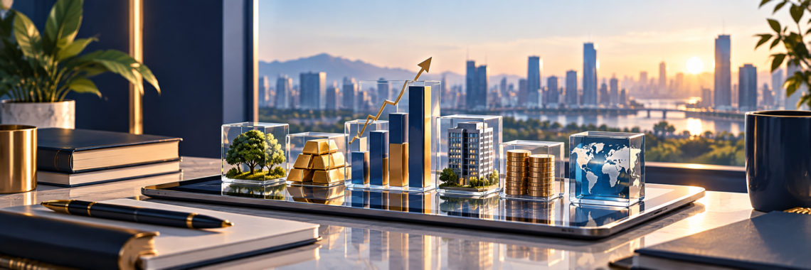 Diversified ETF investment portfolio with stocks, bonds, real estate and global assets
