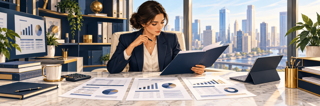 Financial analyst reviewing company financial statements and business performance