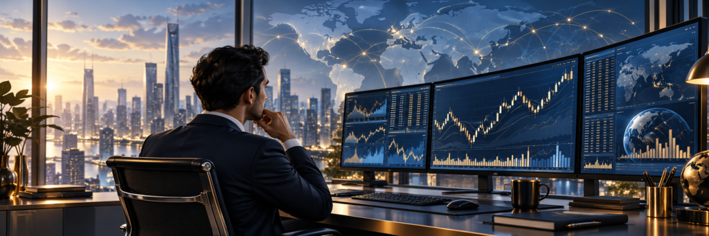 Financial market analyst monitoring global stock prices and trading activity