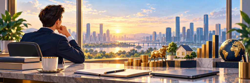Investor reviewing portfolio allocation and long-term investment options