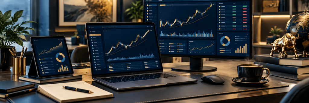Online stock trading platform with market charts, trading screens and investment tools