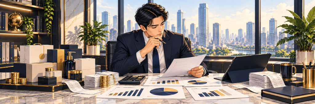 Business professional analyzing profit margins and financial performance
