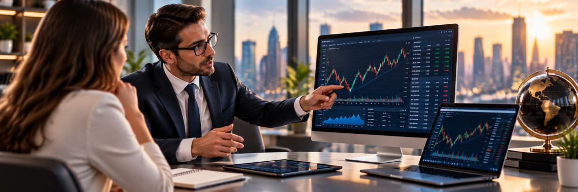 Stock broker explaining market charts and trading activity to a client