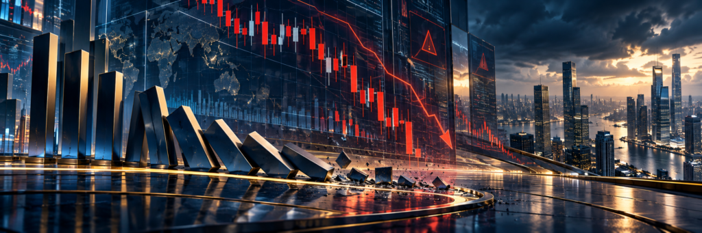 Falling stock market charts and collapsing bars representing a severe market crash