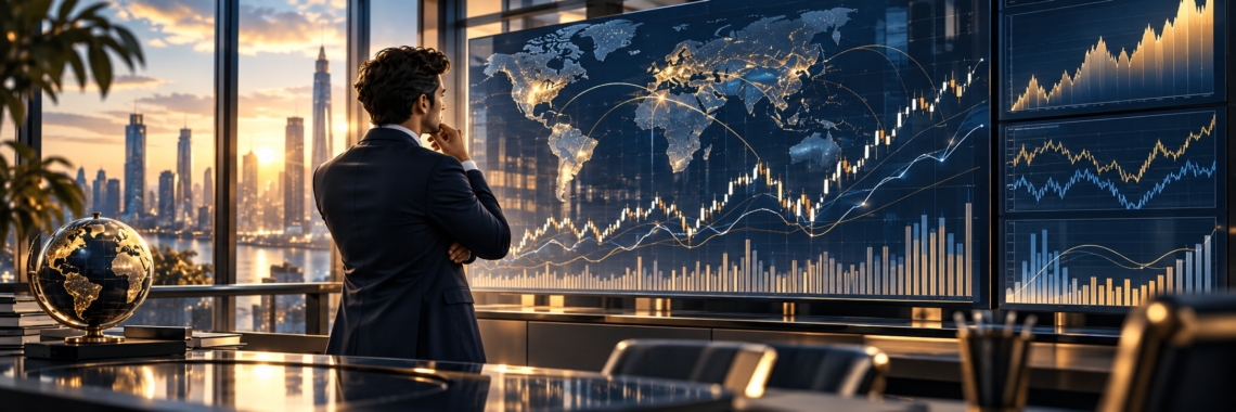 Analyst reviewing global stock market indexes and market performance
