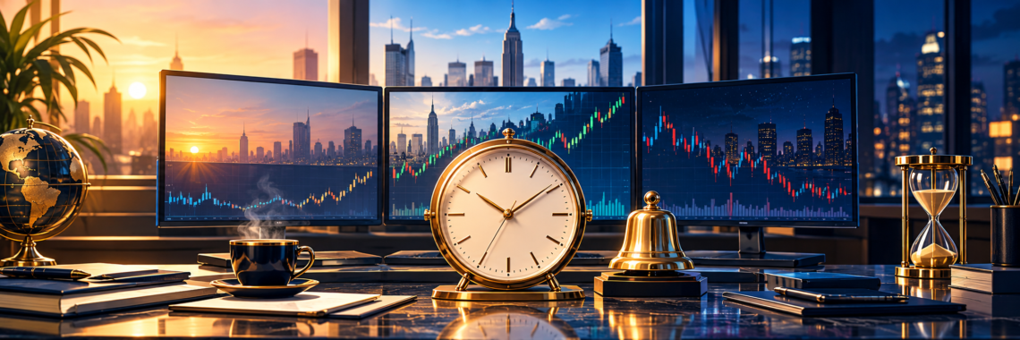 Stock market trading hours represented by a clock, opening bell and market charts