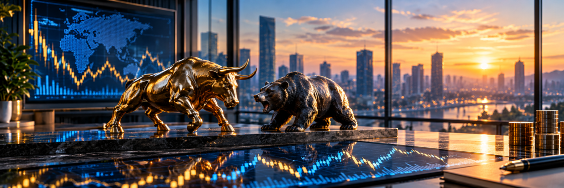 Bull and bear symbols representing stock market volatility and changing market conditions