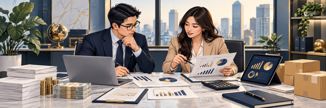 Business team reviewing working capital and financial reports